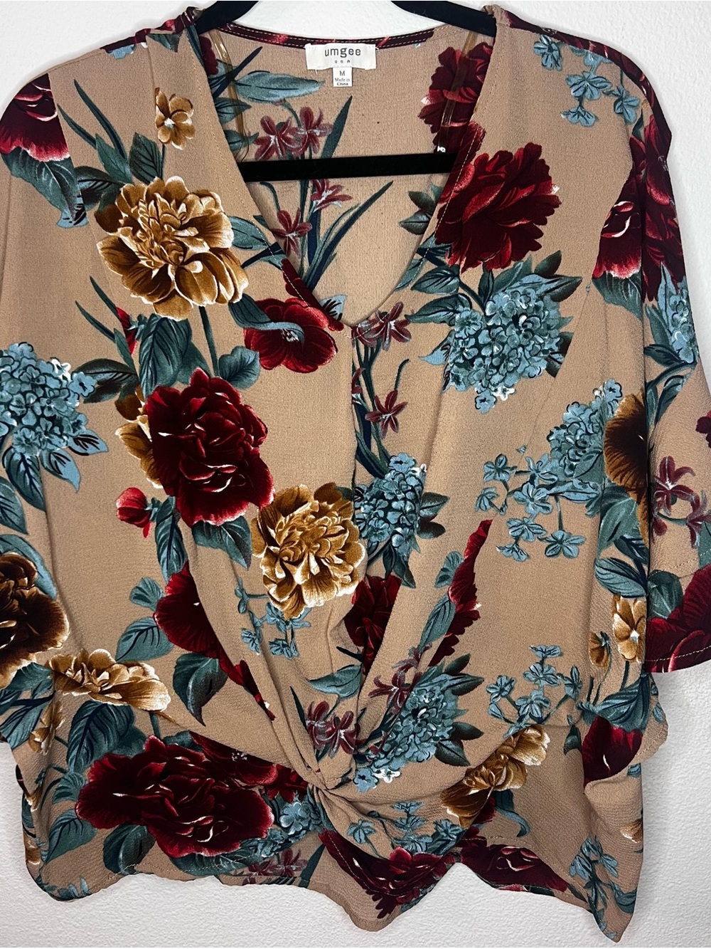 Umgee Beige Floral Twist-Front V-Neck Blouse with Red, Gold & Teal Flowers